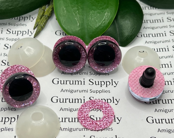 20mm Clear Trapezoid Plastic Safety Eyes with a Pink Glitter Non-Woven Slip Iris and Washers: 1 Pair - Dolls / Amigurumi / Animal