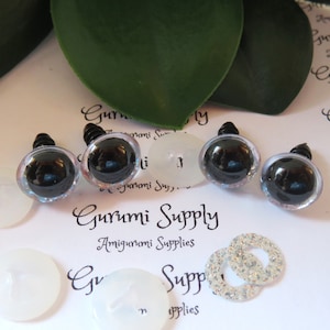 12 mm klare runde Kunststoff Sicherheitsaugen mit silberner Glitzer Vlies Iris und Unterlegscheiben: 2 Paar - Puppe / Amigurumi / Tier / Stricken / Spielzeug