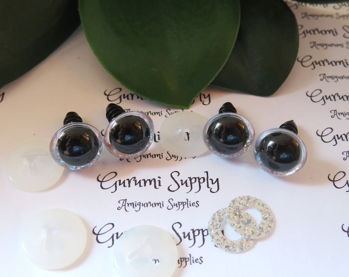 12mm Clear Round Plastic Safety Eyes with a Silver Glitter Non-Woven Slip Iris and Washers: 2 Pairs - Doll / Amigurumi / Animal /Knit / Toy