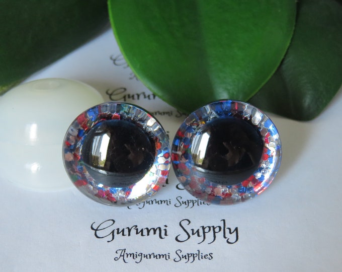 20mm Clear Trapezoid Plastic Safety Eyes with a Patriotic Glitter Non-Woven Slip Iris and Washers:  2 Count/1 Pairs - Dolls/Amigurumi/Animal