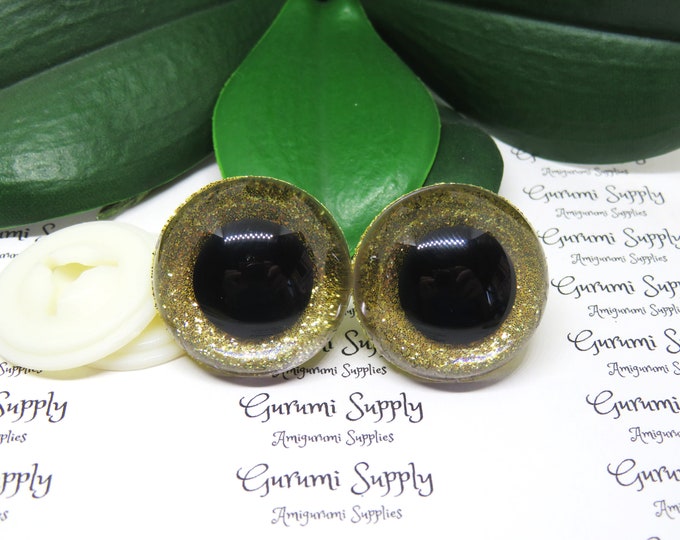 30mm Clear Round Safety Eyes with a Gold Glitter Non-Woven Slip Iris, Black Pupil and Washers:  1 Pair - Doll / Amigurumi / Animal / Toys