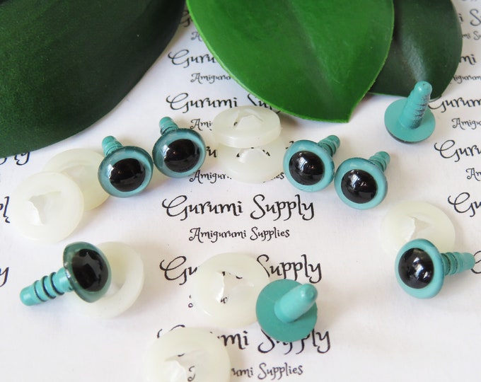 10mm Sea Foam Green Iris Black Pupil Round Safety Eyes and Washers: 4 Pairs - Dolls / Amigurumi / Animal / Stuffed Creations / Crochet / Toy