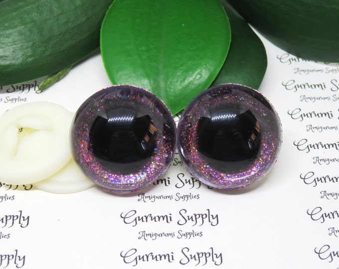 30mm Clear Safety Eyes with a Purple Sparkle Glitter Slip and Black Iris with Washers: 1 Pair - Amigurumi / Animals / Dolls / Toys / Crochet