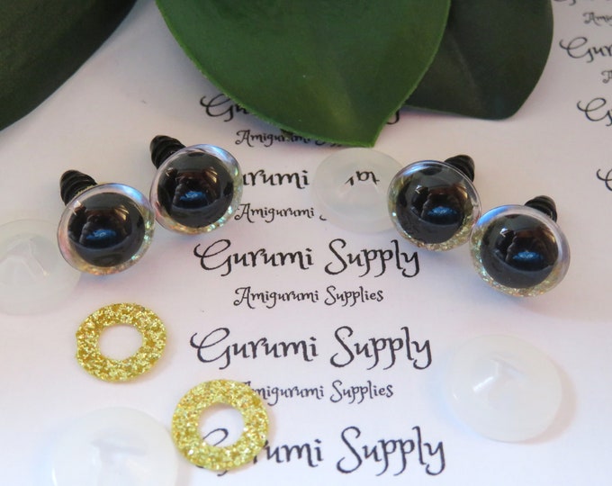 12mm Clear Round Plastic Safety Eyes with a Gold Glitter Non-Woven Slip Iris and Washers: 2 Pairs - Dolls/Amigurumi/Animal/Crochet/Knit
