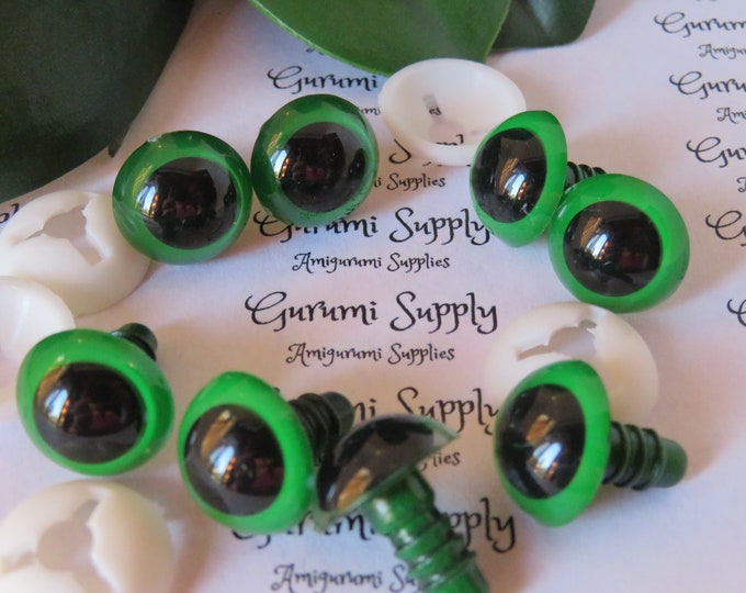 15mm Green Iris Black Pupil Round Safety Eyes and Washers: 2 Pairs - Dolls / Amigurumi / Animals / Toys / Stuffed Creations / Doll Making