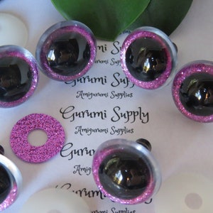 20mm Clear Round Safety Eyes with Hot Pink Glitter Non-Woven Slip Iris, Black Pupil and Washers:  2Count/1 Pair - Amigurumi/Animal/Creation