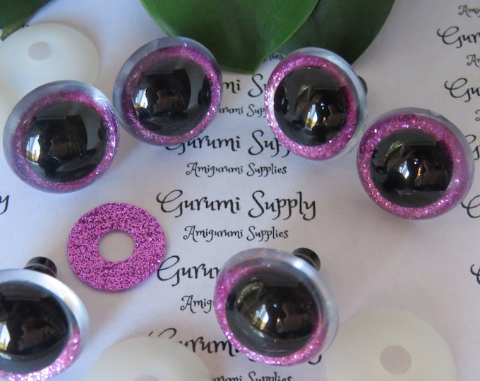 20mm Clear Round Safety Eyes with Hot Pink Glitter Non-Woven Slip Iris, Black Pupil and Washers:  2Count/1 Pair - Amigurumi/Animal/Creation