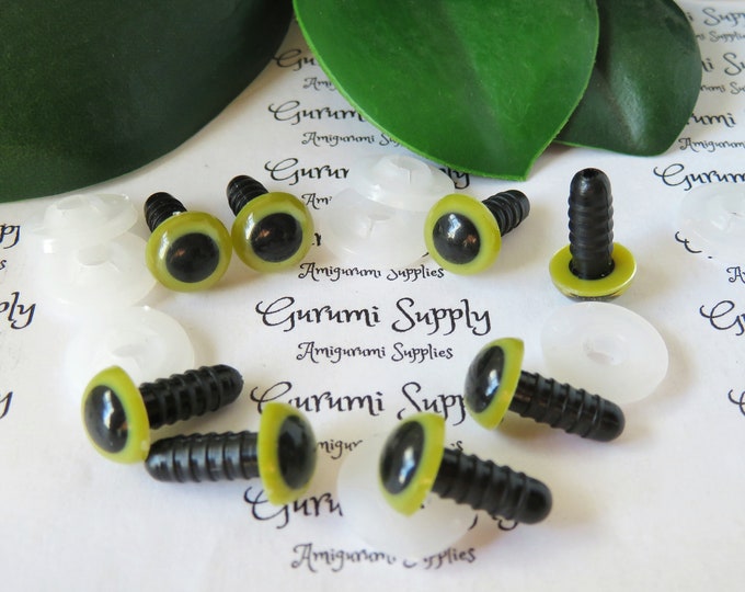 10mm Olive Green Iris Black Pupil Round Safety Eyes and Washers: 4 Pair - Doll / Amigurumi / Animal / Stuffed Creation / Crochet / Paintfree