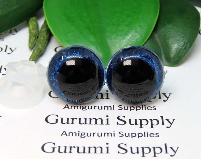 18mm Clear Safety Eyes with Dark Blue Glitter Non-Woven Slip Iris, Black OC Pupil and Washers: 1 Pair - Amigurumi / Off Center / Round