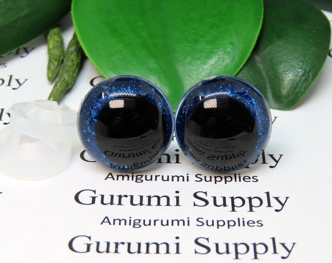 18mm Clear Safety Eyes with Dark Blue Glitter Non-Woven Slip Iris, Black OC Pupil and Washers: 1 Pair - Amigurumi / Off Center / Round
