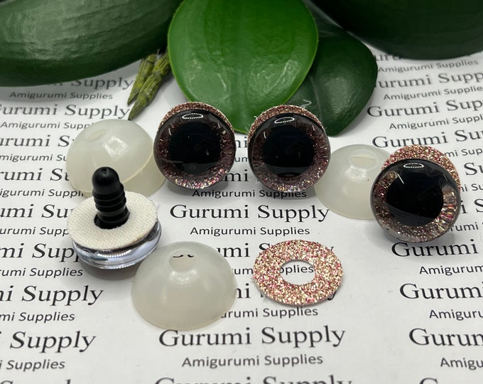 20mm Clear Trapezoid Plastic Safety Eyes with Rose Gold Glitter Non-Woven Slip Iris and Washers: 1 Pair- Animal Eyes / Doll Eye / Amigurumi