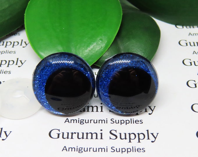 23mm Clear Safety Eyes with Dark Blue Glitter Non-Woven Slip Iris, Black OC Pupil and Washers: 1 Pair - Amigurumi / Off Center / Round