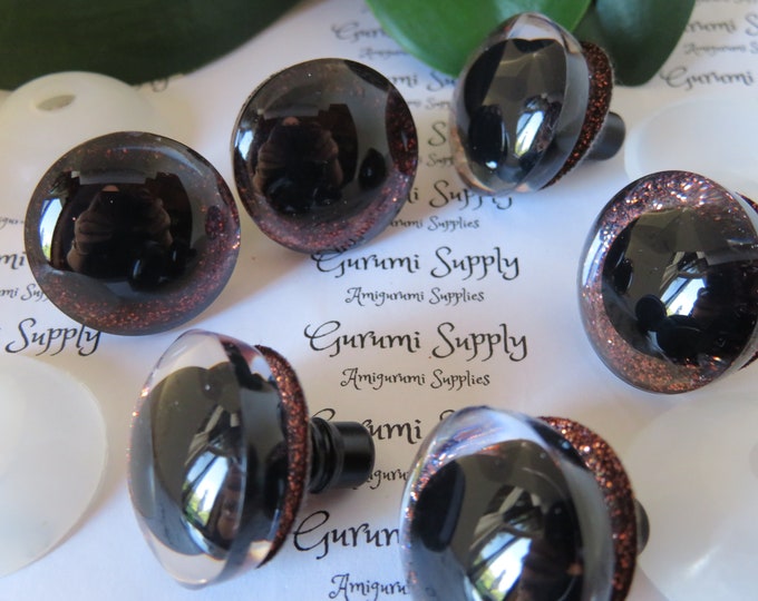 20mm Clear Trapezoid Plastic Safety Eyes with a Brown Glitter Non-Woven Slip Iris and Washers: 1 Pair - Dolls / Amigurumi / Animal / Toys