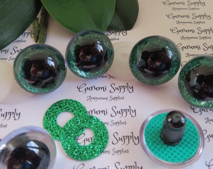 24mm Clear Round Plastic Safety Eyes with a Green Glitter Non-Woven Slip Iris, Black Pupil and Washers:  1 Pair Amigurumi / Animal / Crochet