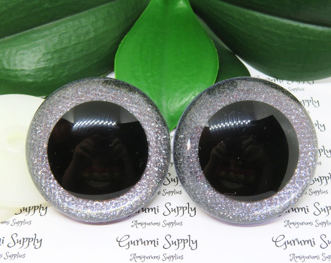 50mm Clear Round Safety Eyes with Silver Glitter Non-Woven Slip Iris Black Pupil and Washers: 1 Pair - Doll / Amigurumi / Animal / Crochet