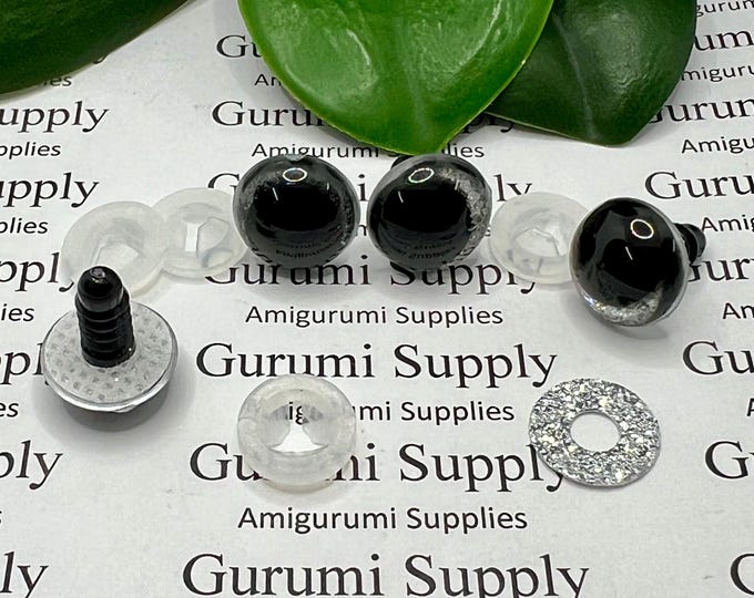 14mm Clear Safety Eyes with Silver Glitter Non-Woven Slip Iris, Black OC Pupil and Washers: 1 Pair - Amigurumi / Off Center / Round / Funny