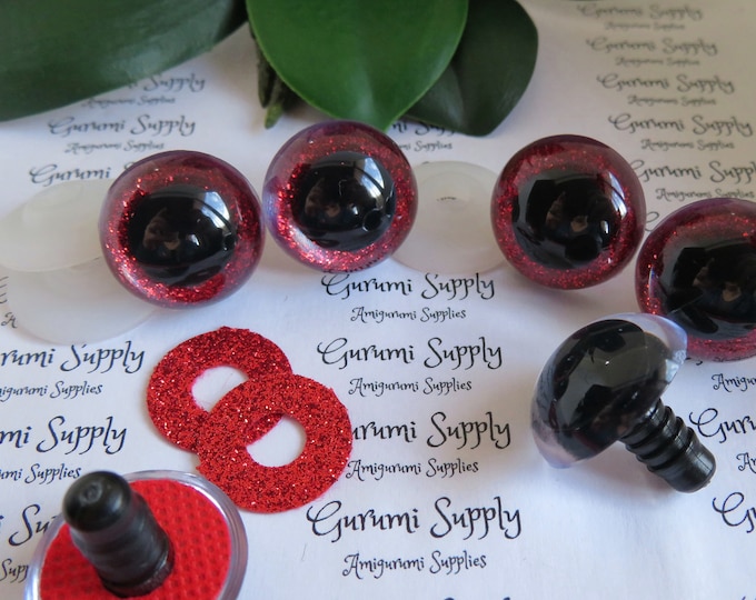 24mm Clear Round Plastic Safety Eyes with a Red Glitter Non-Woven Slip Iris, Black Pupil and Washers:  2 Count/ 1 Pair Amigurumi/Animals