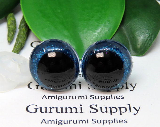 18mm Clear Safety Eyes with Blue Glitter Non-Woven Slip Iris, Black OC Pupil and Washers: 1 Pair - Amigurumi / Off Center / Round