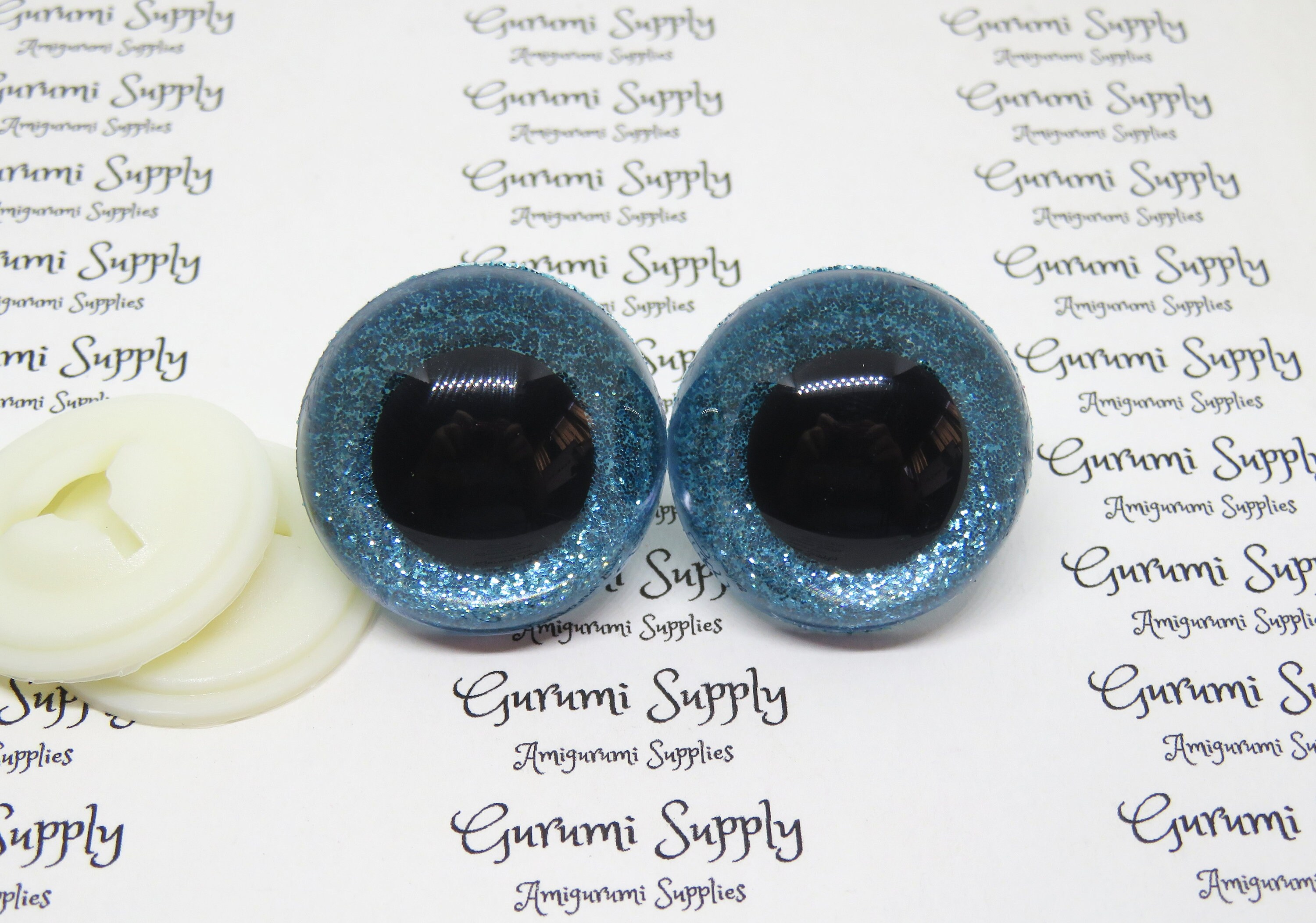 30mm Clear Round Safety Eyes with Blue Ice Glitter Non-Woven Slip Iris,  Black Pupil and Washers: 1 Pair - Doll / Amigurumi / Animal /Crochet