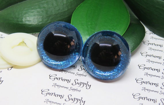 30mm Clear Round Safety Eyes with Blue Ice Glitter Non-Woven Slip Iris,  Black Pupil and Washers: 1 Pair - Doll / Amigurumi / Animal /Crochet