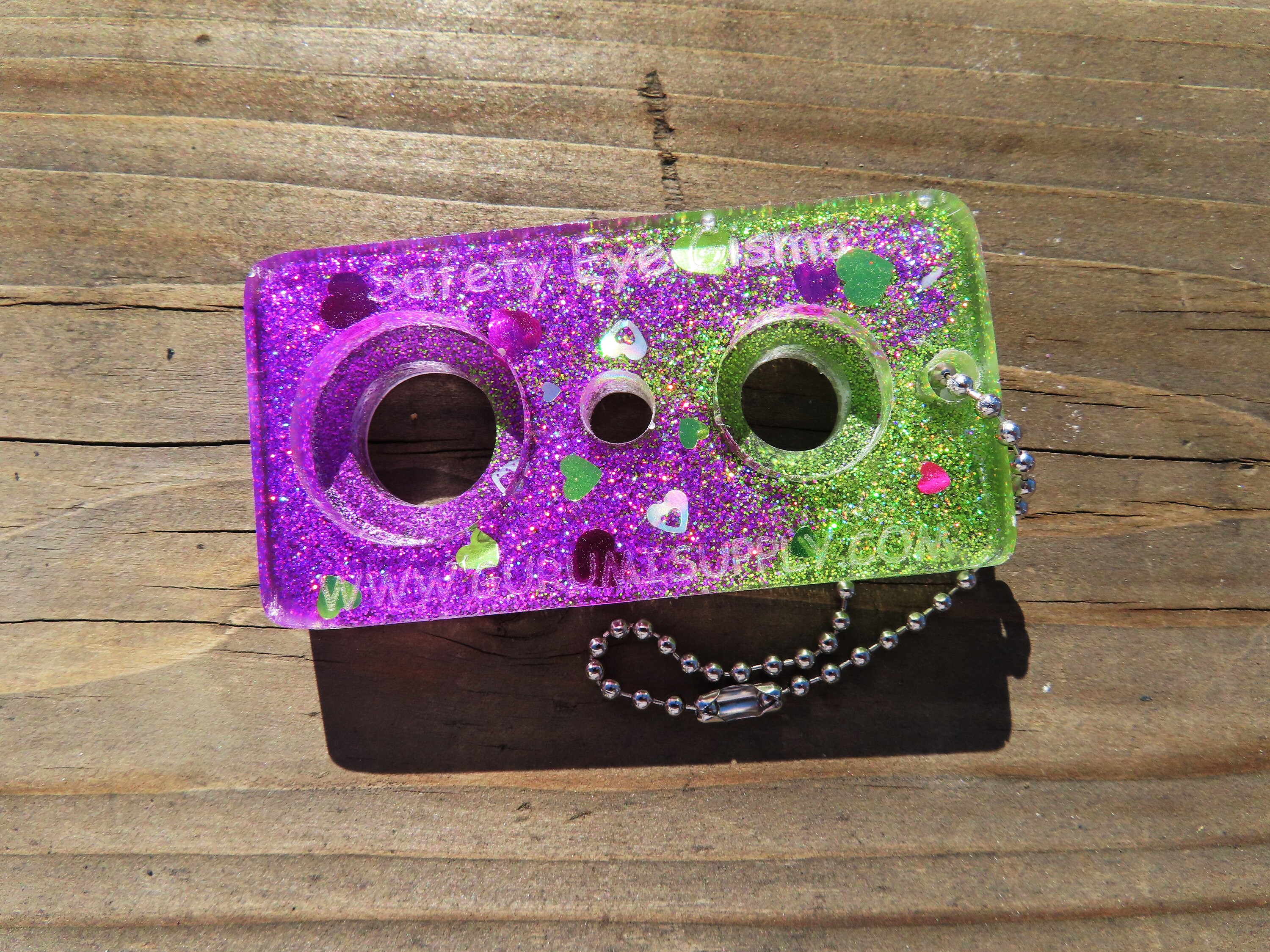 Safety Eye Gismo Purple Lime Green Glitter with Hearts Keychain