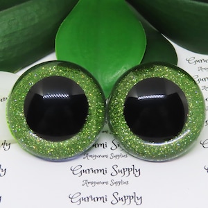40mm Clear Round Safety Eyes with Yellow-Green Glitter Non-Woven Slip Iris, Black Pupil and Washers: 1 Pair - Dolls / Amigurumi / Animal