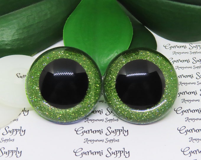 40mm Clear Round Safety Eyes with Yellow-Green Glitter Non-Woven Slip Iris, Black Pupil and Washers: 1 Pair - Dolls / Amigurumi / Animal