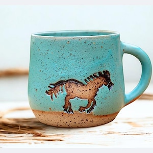 Personalized Horse Mug – Handmade Coffee Cup, Country Style, Individually Customizable, Artisan Custom Gift, Rustic Pottery, Dishwasher Safe