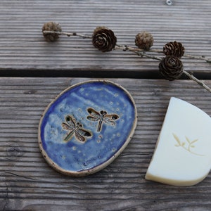 Unique Soap Dish with Drain, Handmade Pottery Blue Soap Dish with Dragonflies, New Home Gift for Best Friend