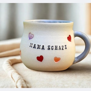 Personalized Ceramic Custom Mug, Coffee Lovers Gift, Name Mug with Hearts, Christmas Gift, Pottery Handmade