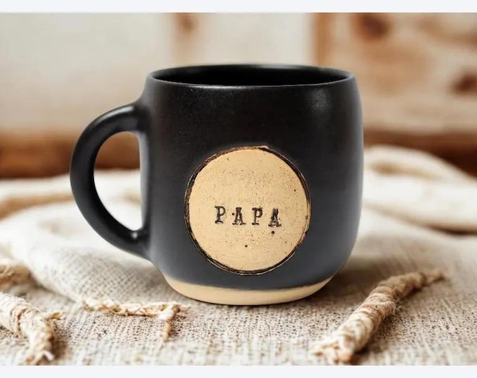 Papa Mug • Personalized Gift for Father • Birthday Gift for Dad • Handmade Black Pottery • Hand Stamped • Stoneware Coffee Cup • 400 ml
