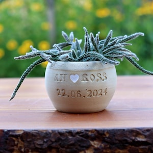 Könnte beinhalten: Ein kleiner, weißer Betontopf mit den Namen "Ann" und "Ross" und dem Datum "22.06.2024" eingraviert. Zwischen den Namen befindet sich ein kleines Herzsymbol. Eine grüne Sukkulente wächst im Topf.
