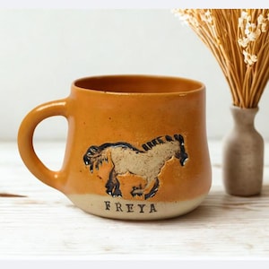 Horse Lover Personalized Cup, Custom Name Horse Mug, Handmade Pottery Coffee Mug, Unique Gift for Horseback Rider, Rustic Stoneware Cup