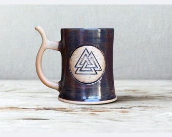 Viking Beer Stein – Handmade Stoneware Mug with Celtic Knot, Norse Mythology, Scandinavian Valknut Design, 16.9 fl. oz (500 ml.)