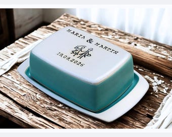 Mantequera personalizada para bodas: con nombres, fecha y motivos de los novios, cerámica de gres color turquesa, hecha a mano, apta para lavavajillas.