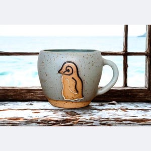 Winter Penguins Coffee Mug, Handmade Pottery, Ceramic Antarctic Bird Drinking Cup, Unique One Of A Kind Stoneware Vessel, Eco-Friendly