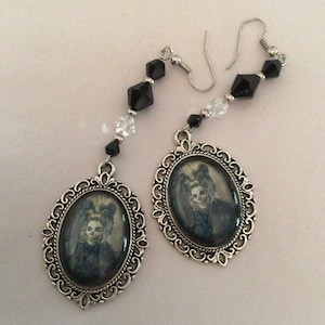 Closeout! Halloween Earrings, Old Lady Skeleton Earrings, Ouija Board Earrings, Glass Cabochon Ouija Earrings, Victoria Gothic