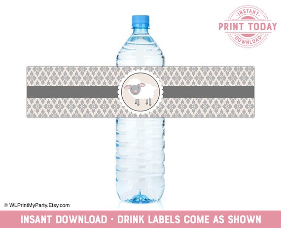 little lamb water bottle label for gender neutral baby shower decor, gray and beige, printable shower decoration INSTANT DOWNLOAD - WLP00773 Il_570xn