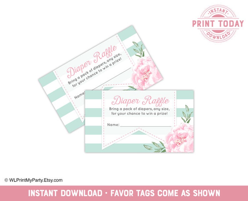 Baby Shower Diaper Raffle Tickets In Pink Mint Green Flower Etsy