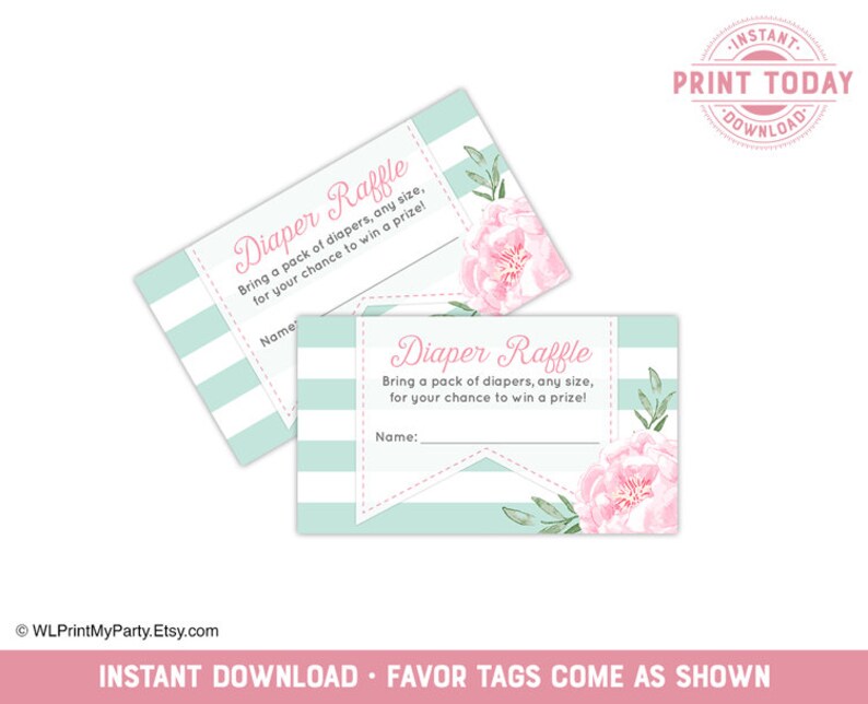 Baby Shower Diaper Raffle Tickets In Pink Mint Green Flower Etsy