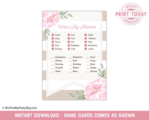 Whos My Mommy Game, Girls Baby Shower in pink brown beige floral stripes, Printable INSTANT DOWNLOAD - WLP00799 Il_570xn