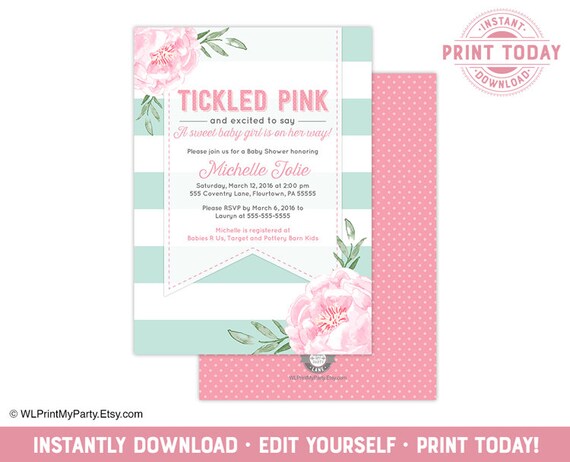 Flower Baby Shower Invitation Girls With Stripes Instant Download