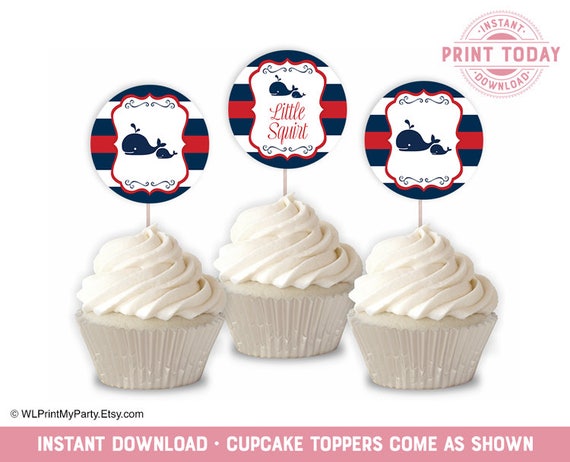 Whale Baby Shower Cupcake Toppers For A Boy Nautical Red And Etsy