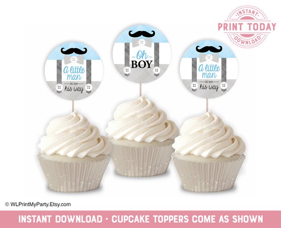 Mustache Baby Shower Cupcake Toppers For Boys Blue Gray Diy Mustache Baby Shower Cupcake Toppers For Boys Blue Gray Diy
