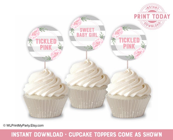 Printable Baby Shower Cupcake Toppers for Girls, Floral Stripes Gray Pink Baby Shower Decor, INSTANT DOWNLOAD - WLP00799 Il_570xn