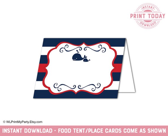 Food Tent Cards Boy Baby Shower Decorations Nautical Whale Diy