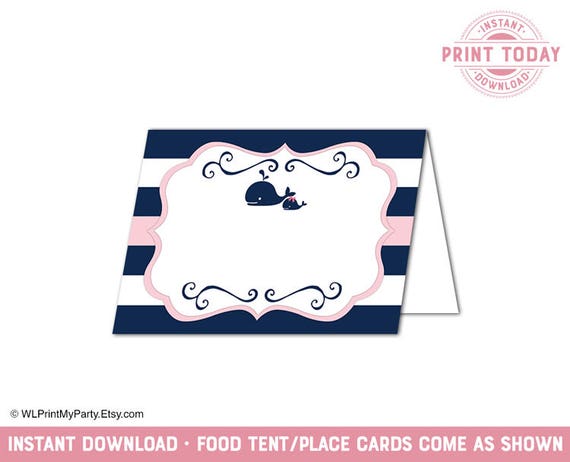 Food Label Cards Girl Baby Shower Decorations Nautical Whale Diy