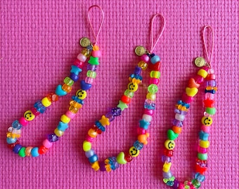 Small Phone Charm / 80s 90s / Beaded Phone charm Strap / Rainbow beaded Phone Charm / Phone Strap SMALL