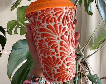 Taza de café de cerámica de Talavera: Taza térmica artesanal con tapa de silicona