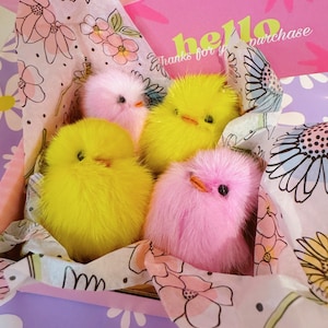 May include: Four fluffy chick plushies in a gift box. Two are yellow and two are pink. The box is lined with floral patterned tissue paper. The box has a purple lid with a white daisy pattern. The card on top of the box says "hello thanks for your purchase".